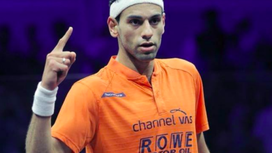 Egyptian-British professional squash player Mohamed Elshorbagy after his victory in one of his matches