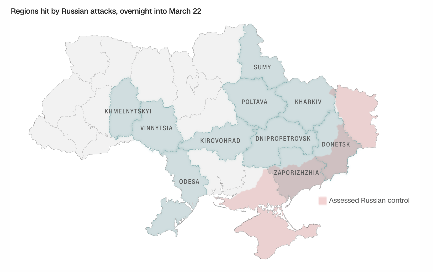 Regions hit by Russian attacks, overnight into March 22 
