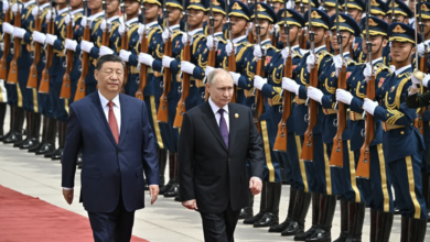 Russian President Vladimir Putin and Chinese leader Xi Jinping attend an official welcoming ceremony in front of the Great Hall of the People in Tiananmen Square in Beijing on May 16, 2024. Sergei Bobylov/Pool/AFP/Getty Images