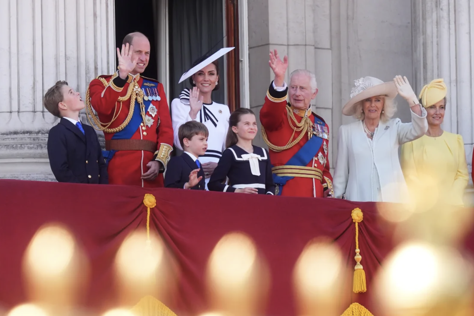 Prince George, the Prince of Wales, Prince Louis, the Princess of Wales, Princess Charlotte, King Charles III, Queen Camilla and the Duchess of Edinburgh on the balcony of Buckingham Palace. James Manning/PA Wire