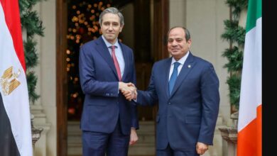 Egyptian President Abdel Fattah el-Sisi (right) shakes hands with Irish Prime Minister Simon Harris during a visit to Dublin